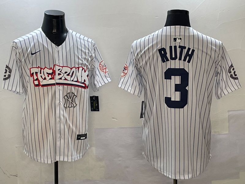 Men New York Yankees #3 Ruth White Stripe four generations Joint Name 2025 Nike MLB Jersey style 8